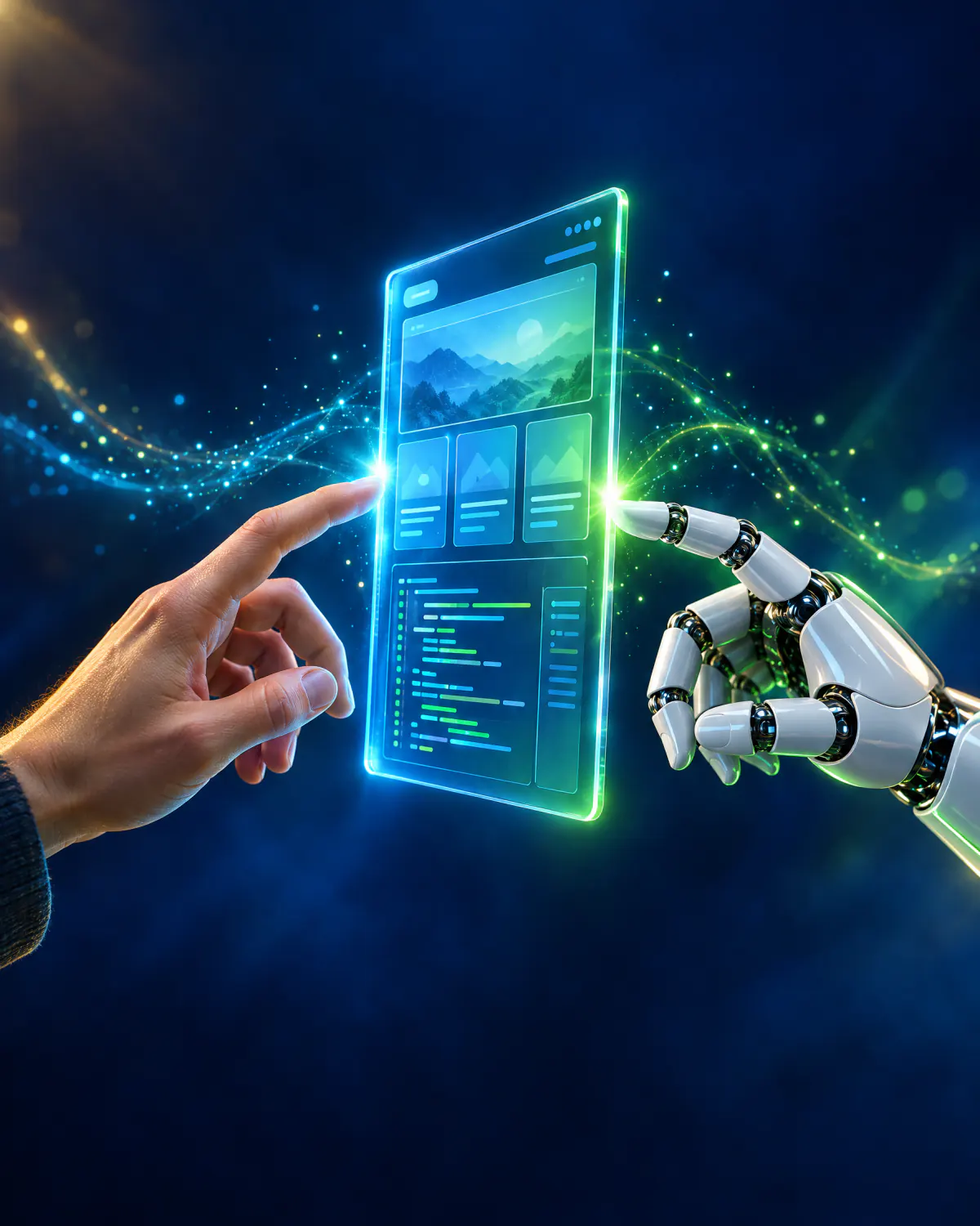 A human hand and a robotic hand meeting at a glowing design interface