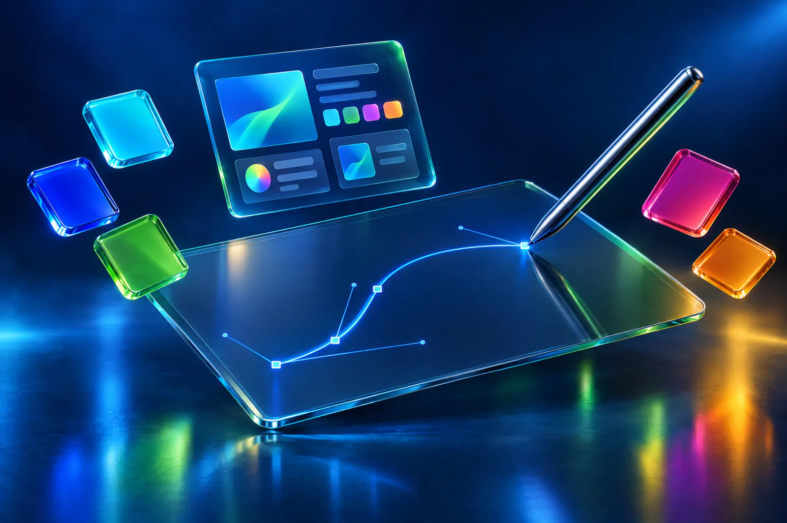 A glass tablet with a stylus drawing a vector curve among colour swatches