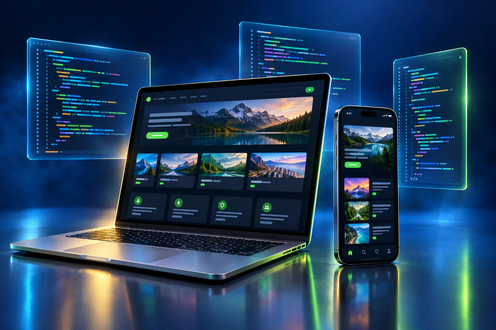 A laptop and smartphone with clean interfaces and floating code panels