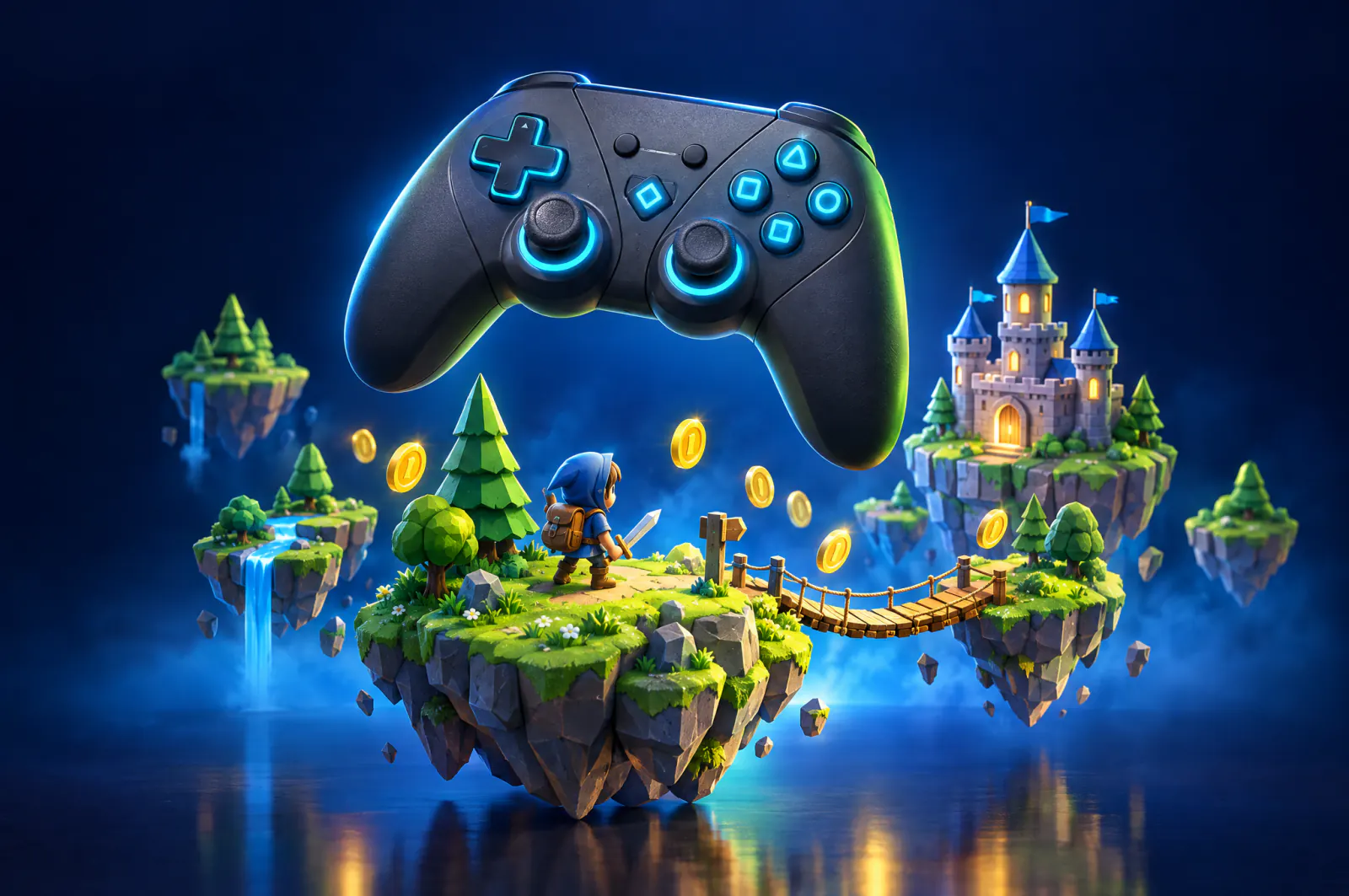 A game controller above a miniature game-level diorama