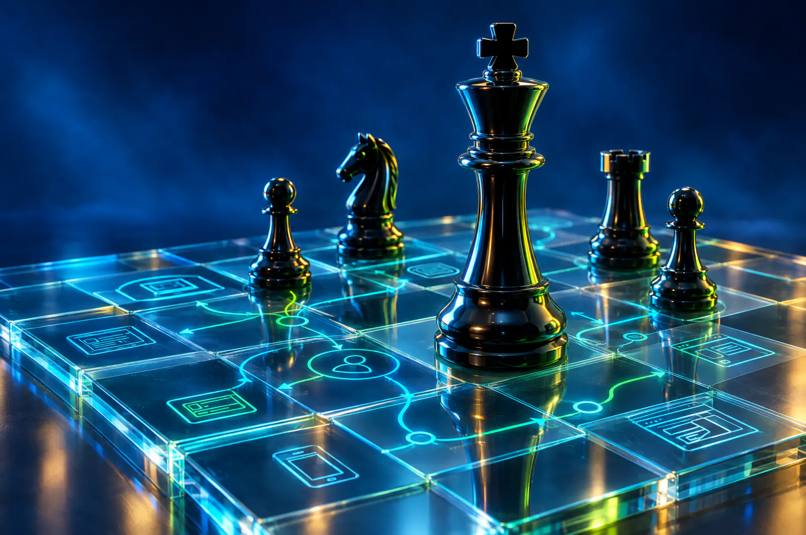 A glossy chess king on a glass board etched with user-journey flows