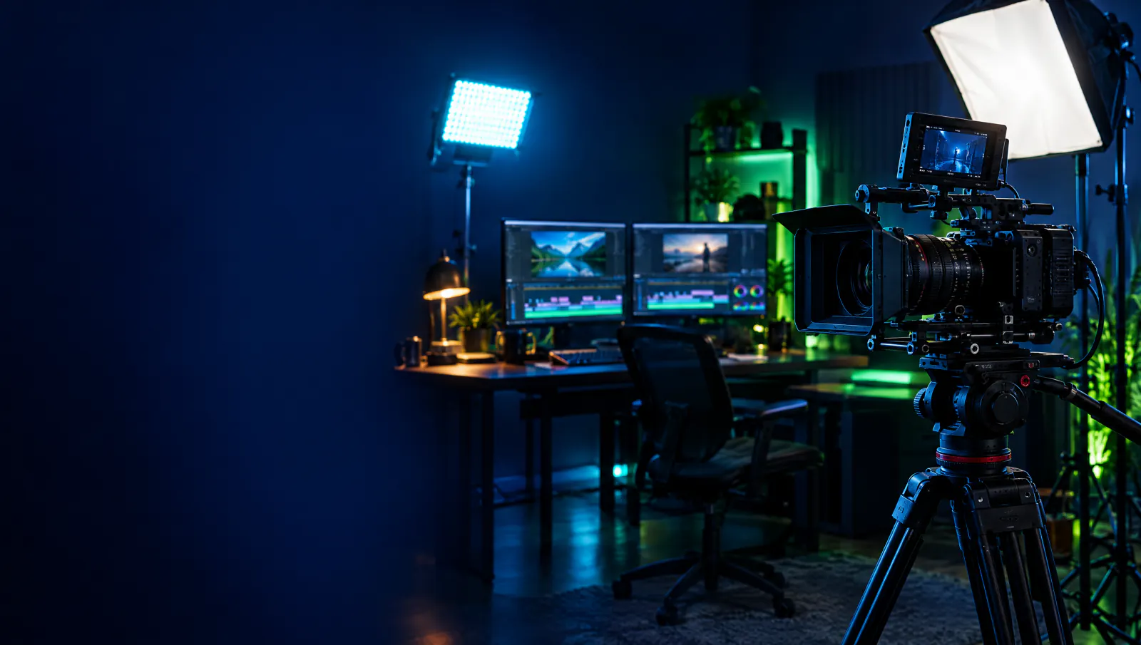 A modern video production studio with a cinema camera
